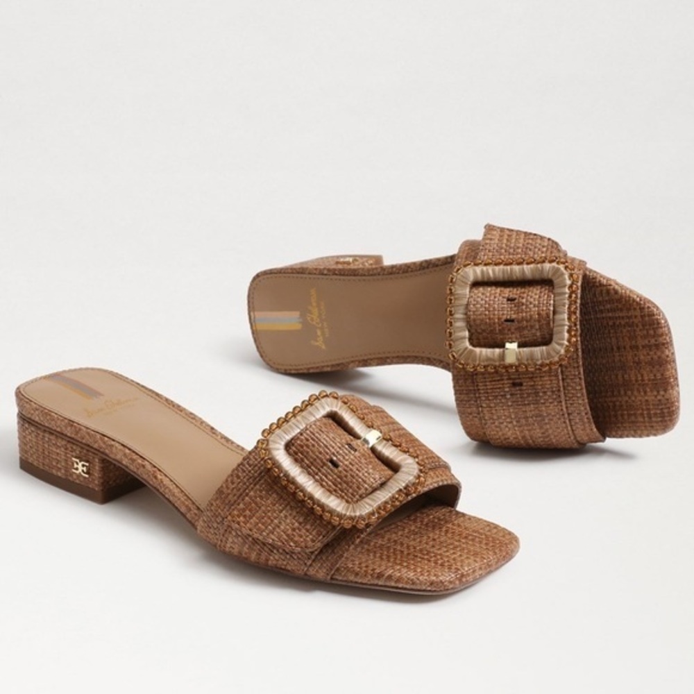Sam Edelman Deacon Beaded Buckle Slide Sandals Tan Size 7.5